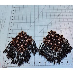 Black Gold Sequin Bead Epaulets Appliques Beaded Fringe Set of 2